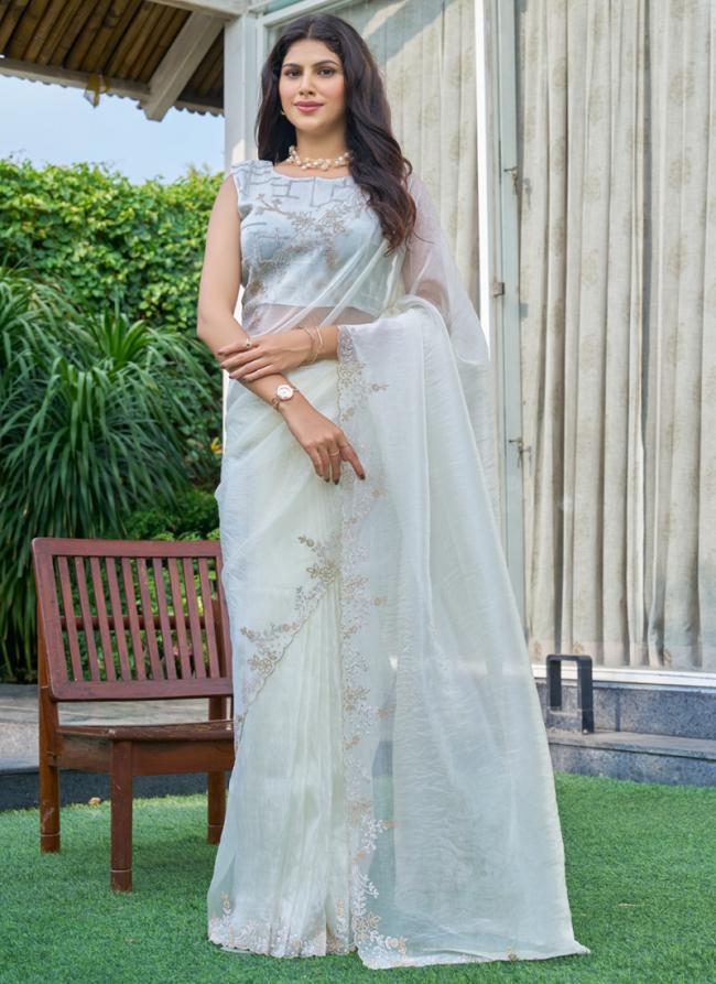 Organza Grey Wedding Wear Hand Work Saree